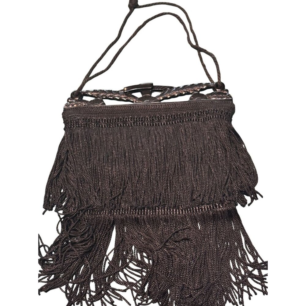 Vintage Black Beaded Fringe Handbag Purse With Cord Handle & Decorative Plastic